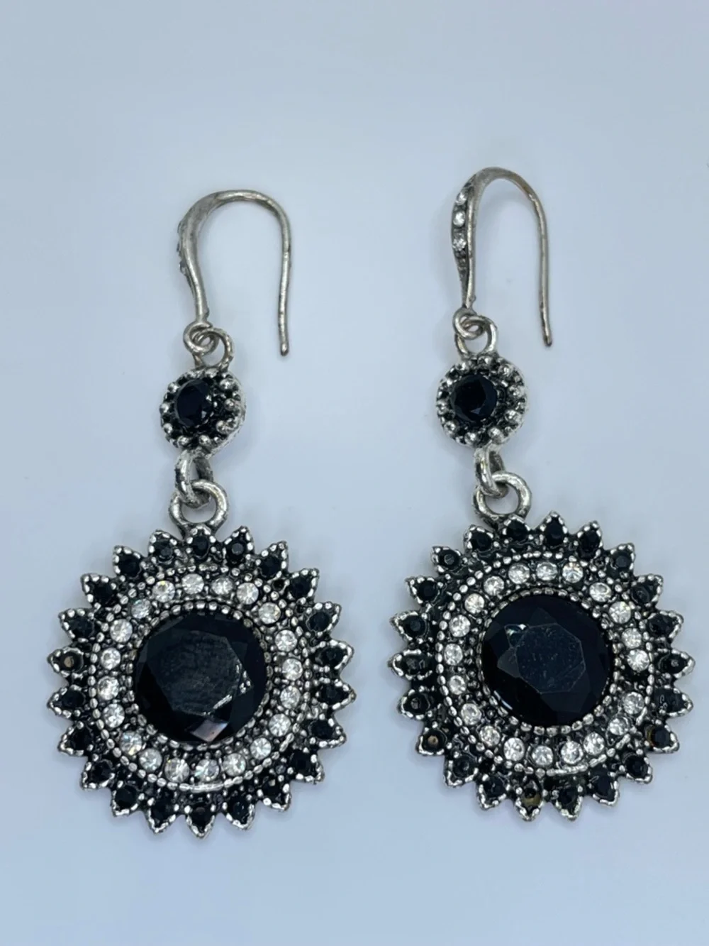 Black Crystal Sunburst Dangle Earrings Silver Tone Vintage Style